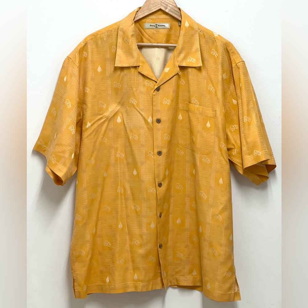 Tommy Bahama Men's Silk Light Orange Button Down Shirt Casino Dice Cards Size XL